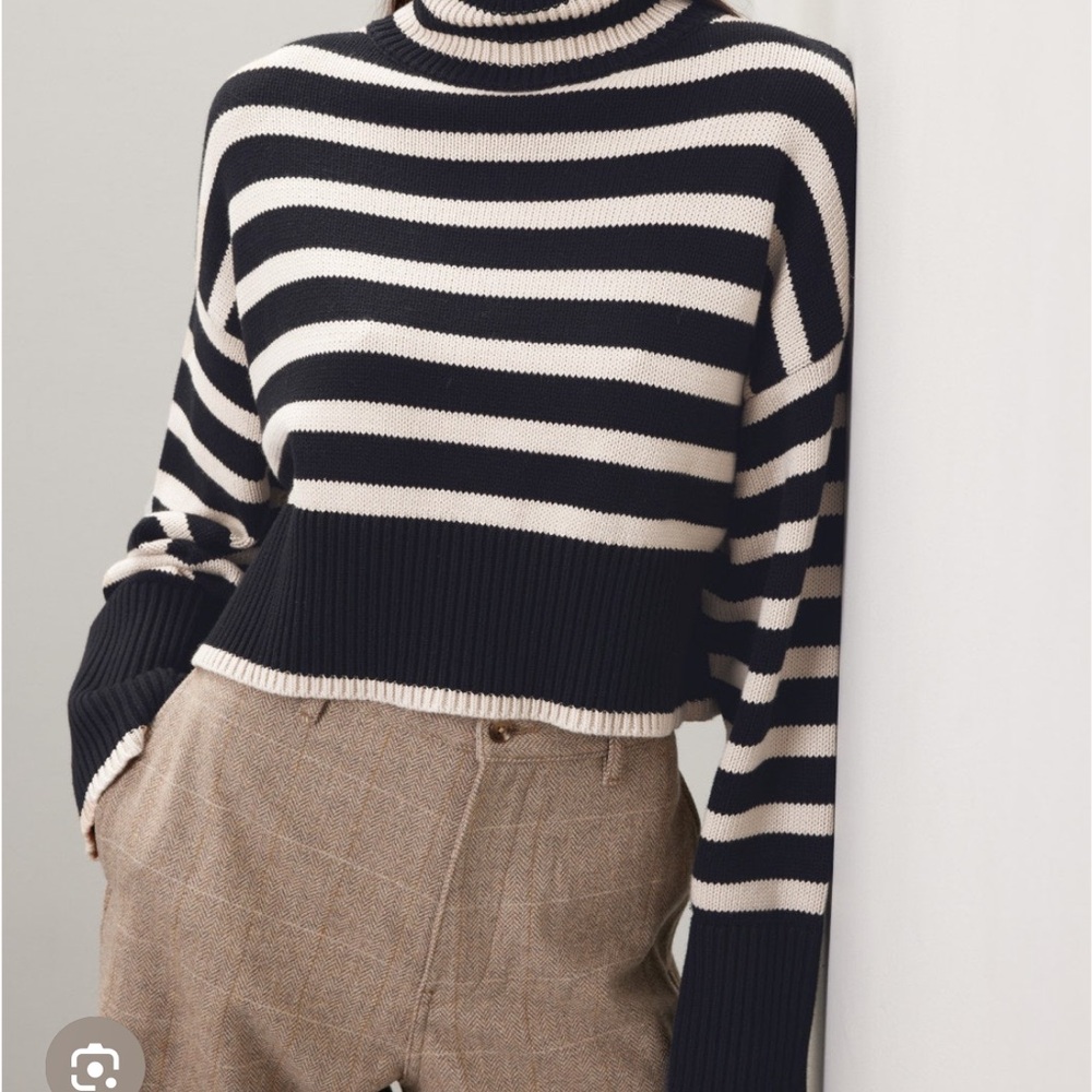 Elegant Black and White Striped Turtleneck Sweater
